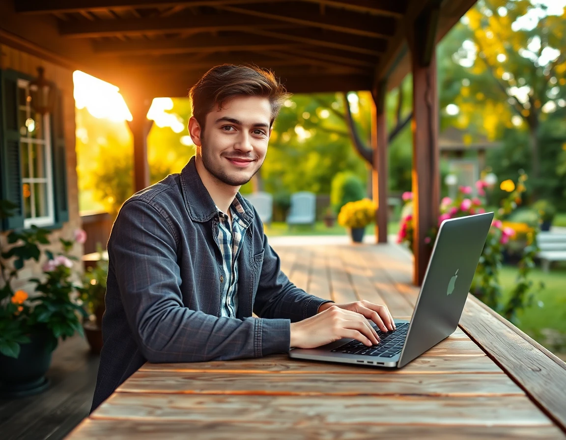 Young man working on laptop outdoors during golden hour in a peaceful garden setting