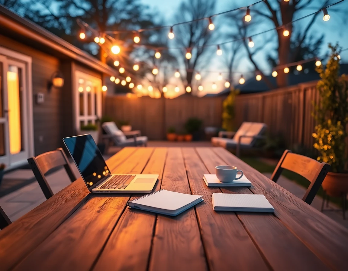 peaceful backyard patio at dusk with table set for a meeting and ambient lighting