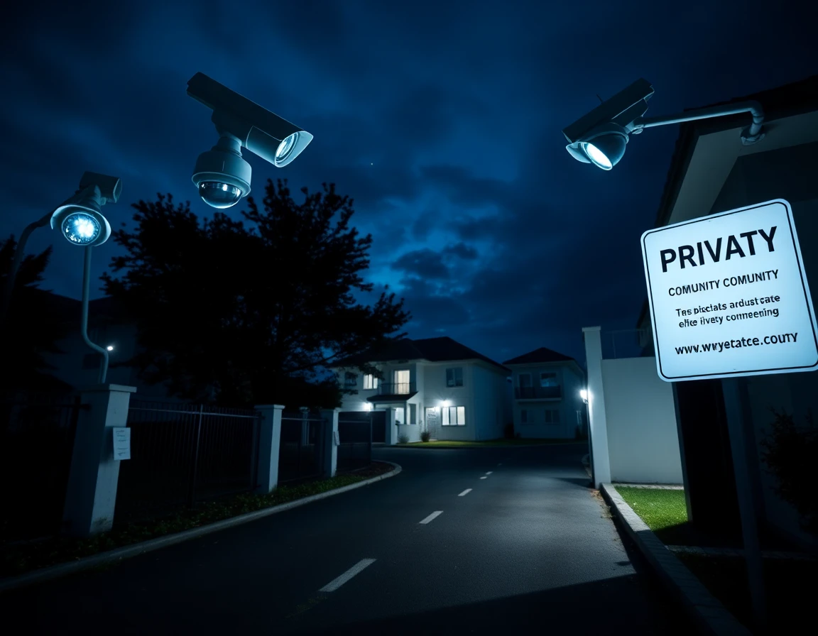 Night view of gated community with CCTV cameras and privacy signage emphasizing security