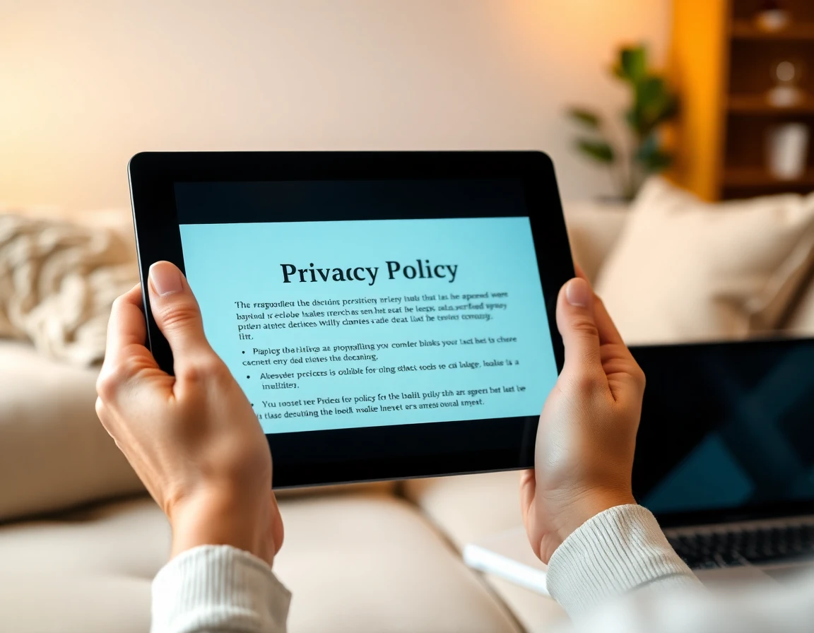 Close-up of hands holding tablet with privacy policy in cozy home setting