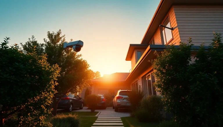 Modern home with security camera during golden hour emphasizing privacy security