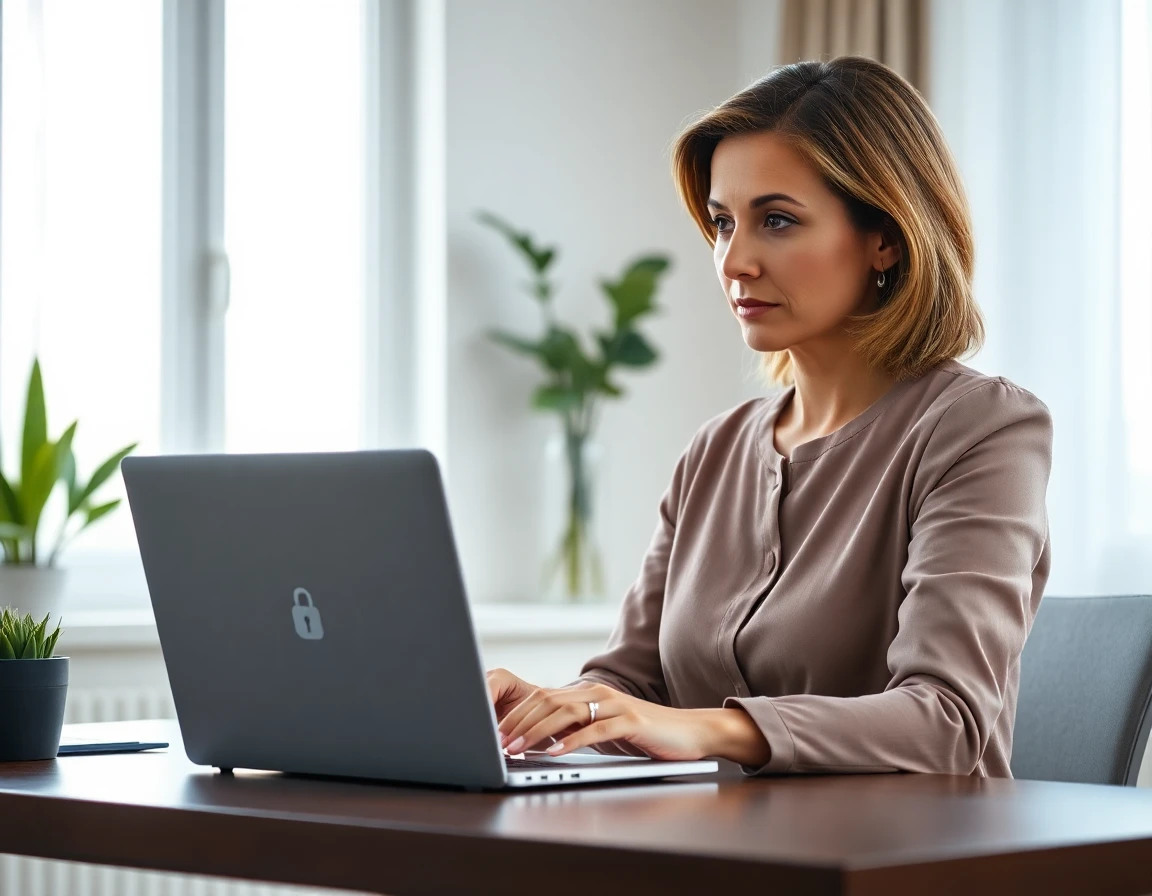 Woman reviewing privacy settings on laptop in modern home office with natural light