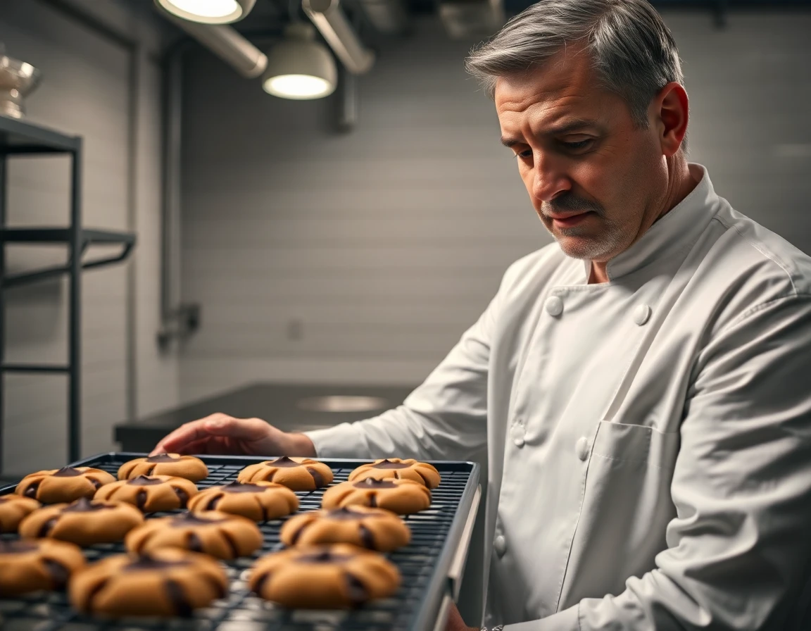 Professional baker inspecting freshly baked cookies in industrial kitchen with dramatic lighting