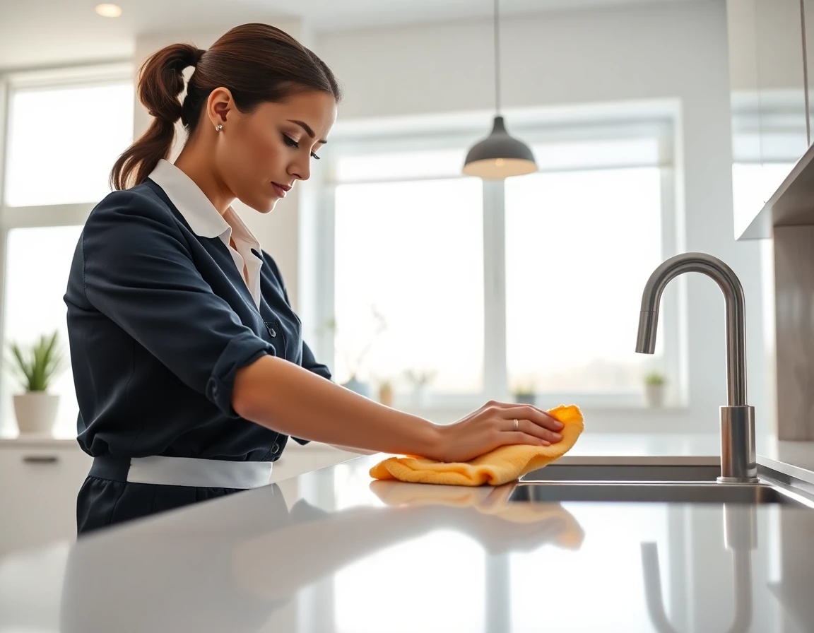 Professional cleaner wiping kitchen countertops in a bright, modern home