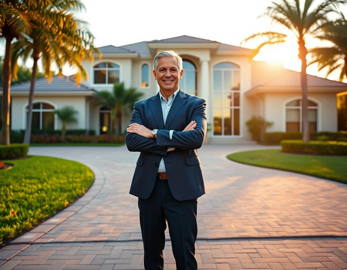 Professional real estate agent confidently standing in front of Florida home during late afternoon