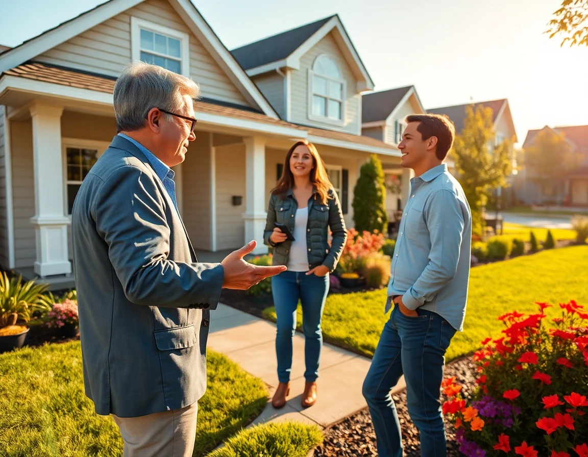 Real estate agent showing renovated home to couple in sunny suburban neighborhood