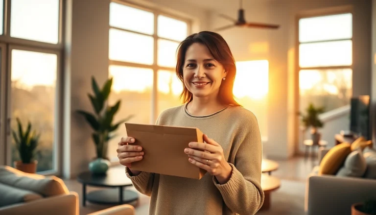 Home interior with confident homeowner holding return package, inviting atmosphere for refund policy