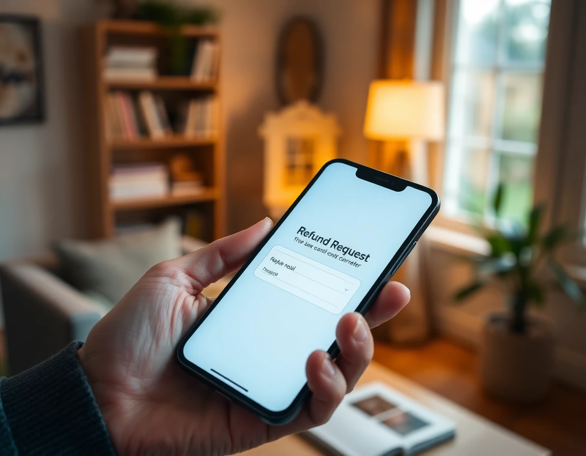 Close-up of smartphone displaying refund request confirmation in a cozy home office