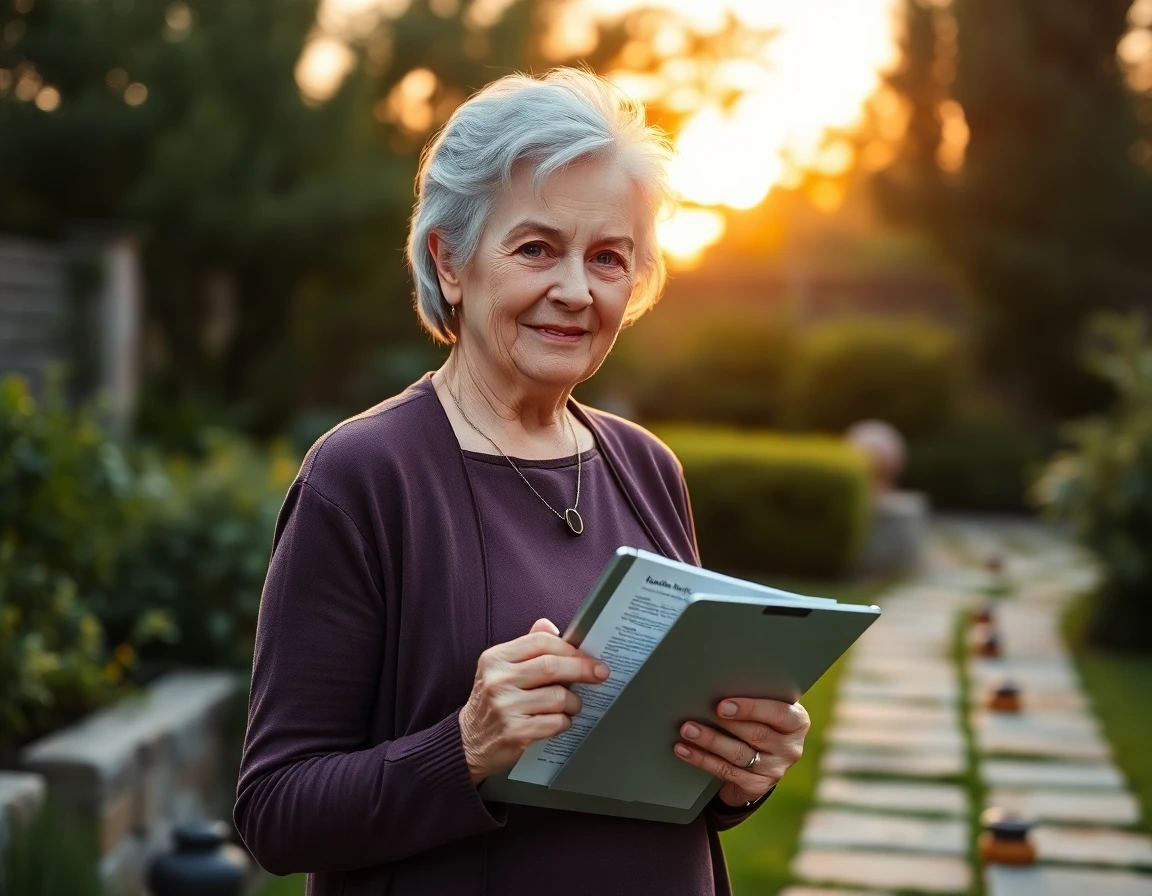 Senior woman reviewing legal documents outdoors at sunset, peaceful and trustworthy scene
