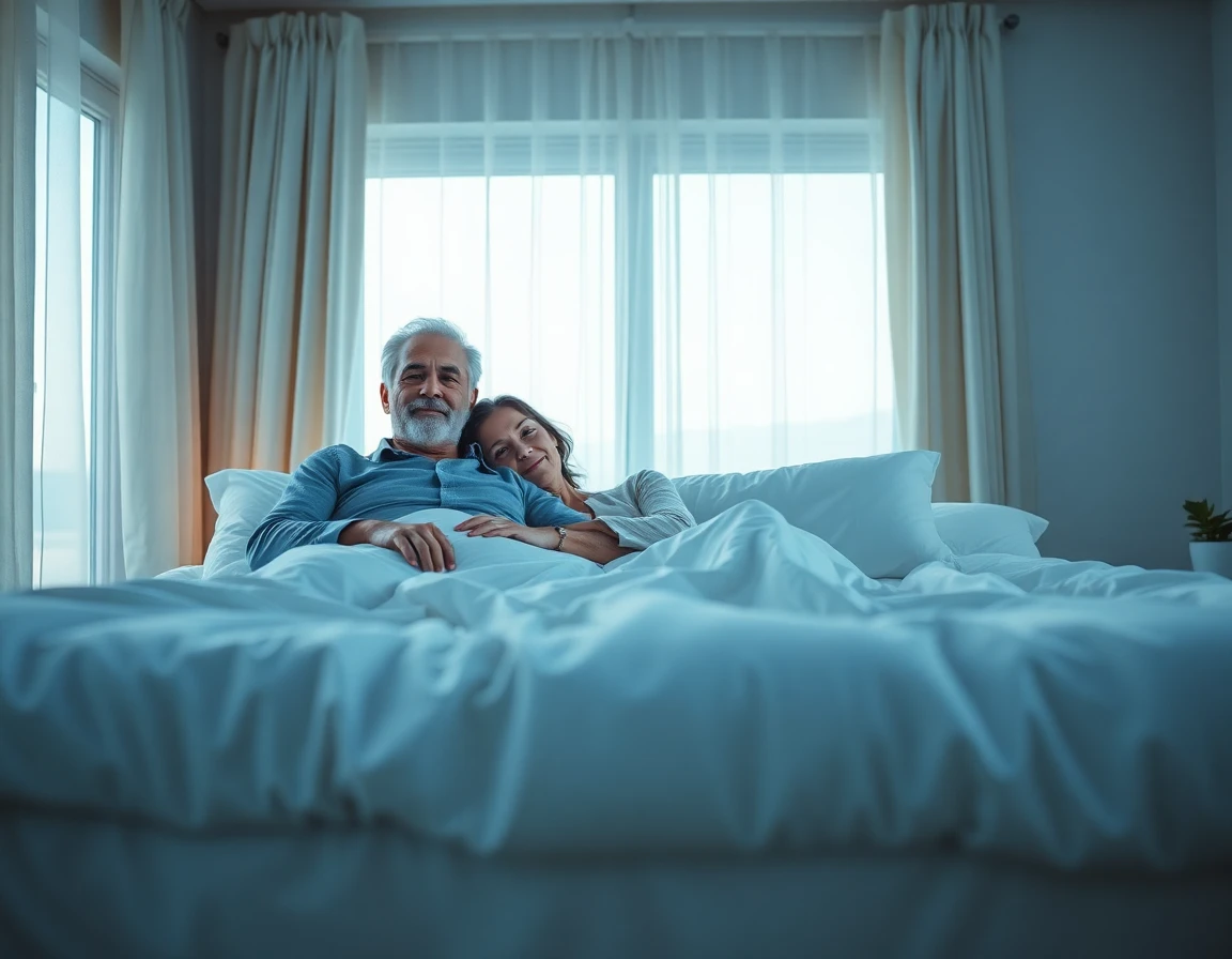 middle-aged couple relaxing in a peaceful, well-lit bedroom