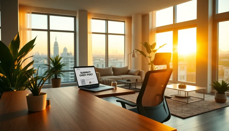 Modern home office scene at golden hour with laptop, plants, and city view, inviting professional atmosphere