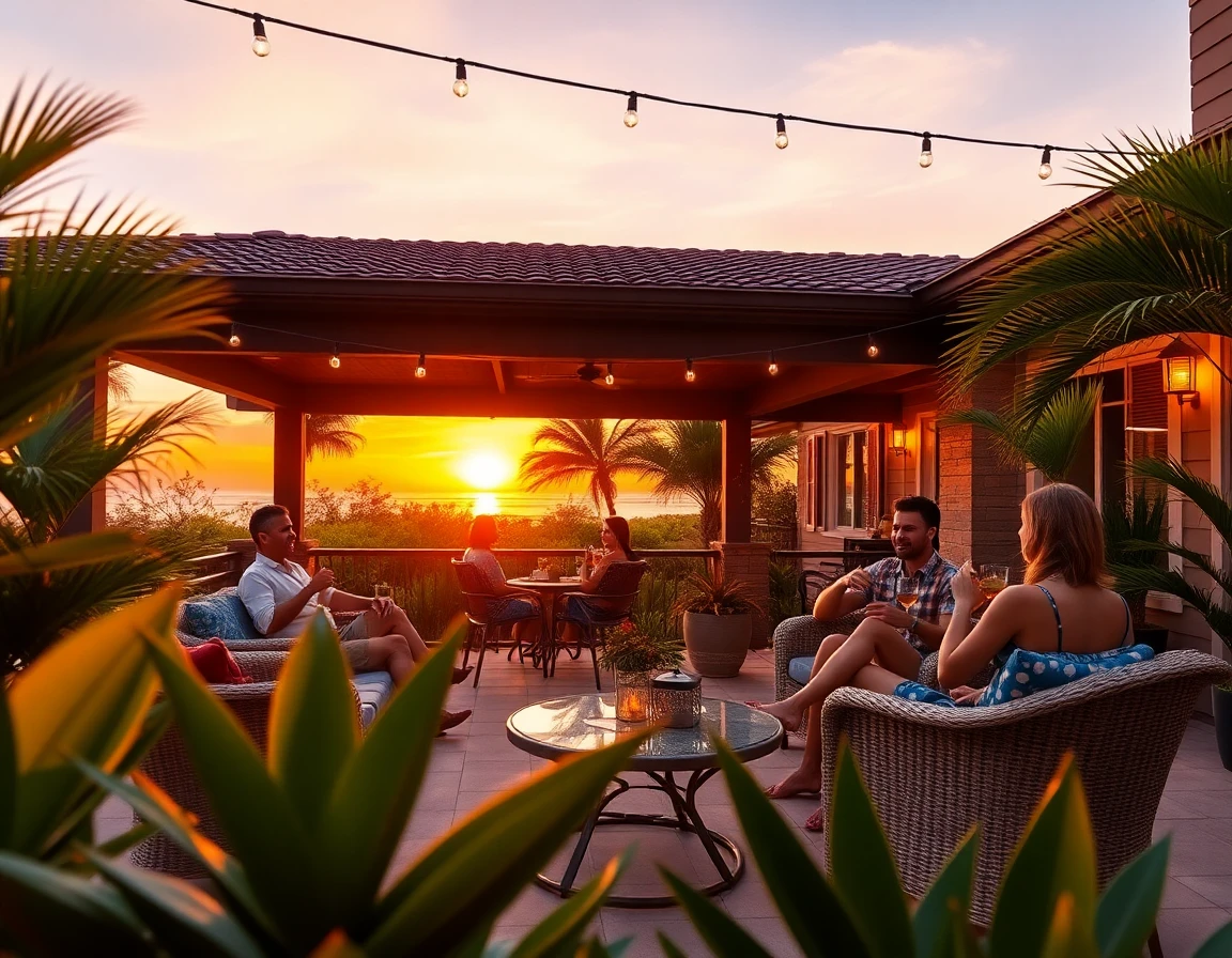 Friends enjoying evening drinks on a stylish outdoor patio at sunset in Florida