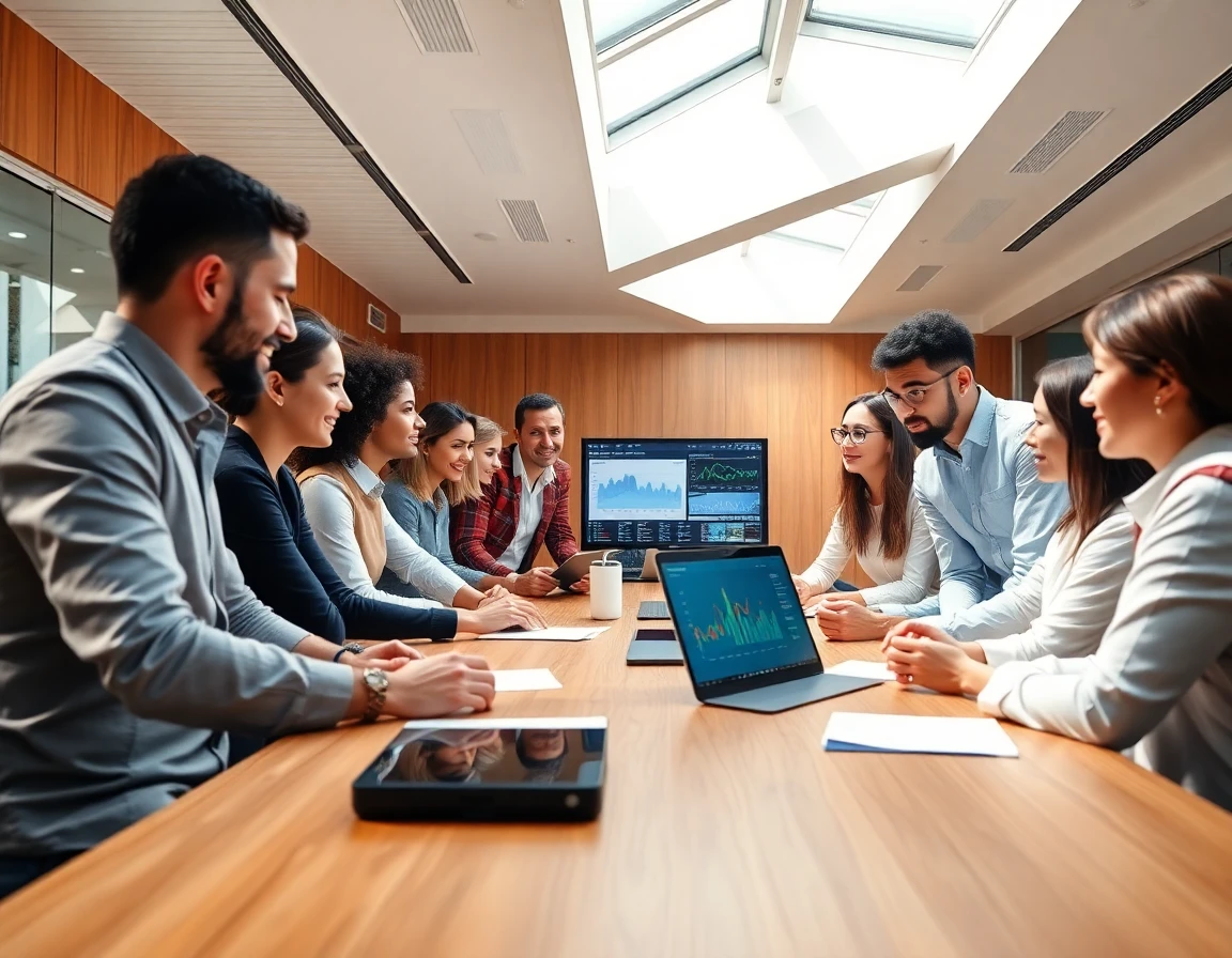 Diverse team collaborating around conference table with digital screens for white-label projects