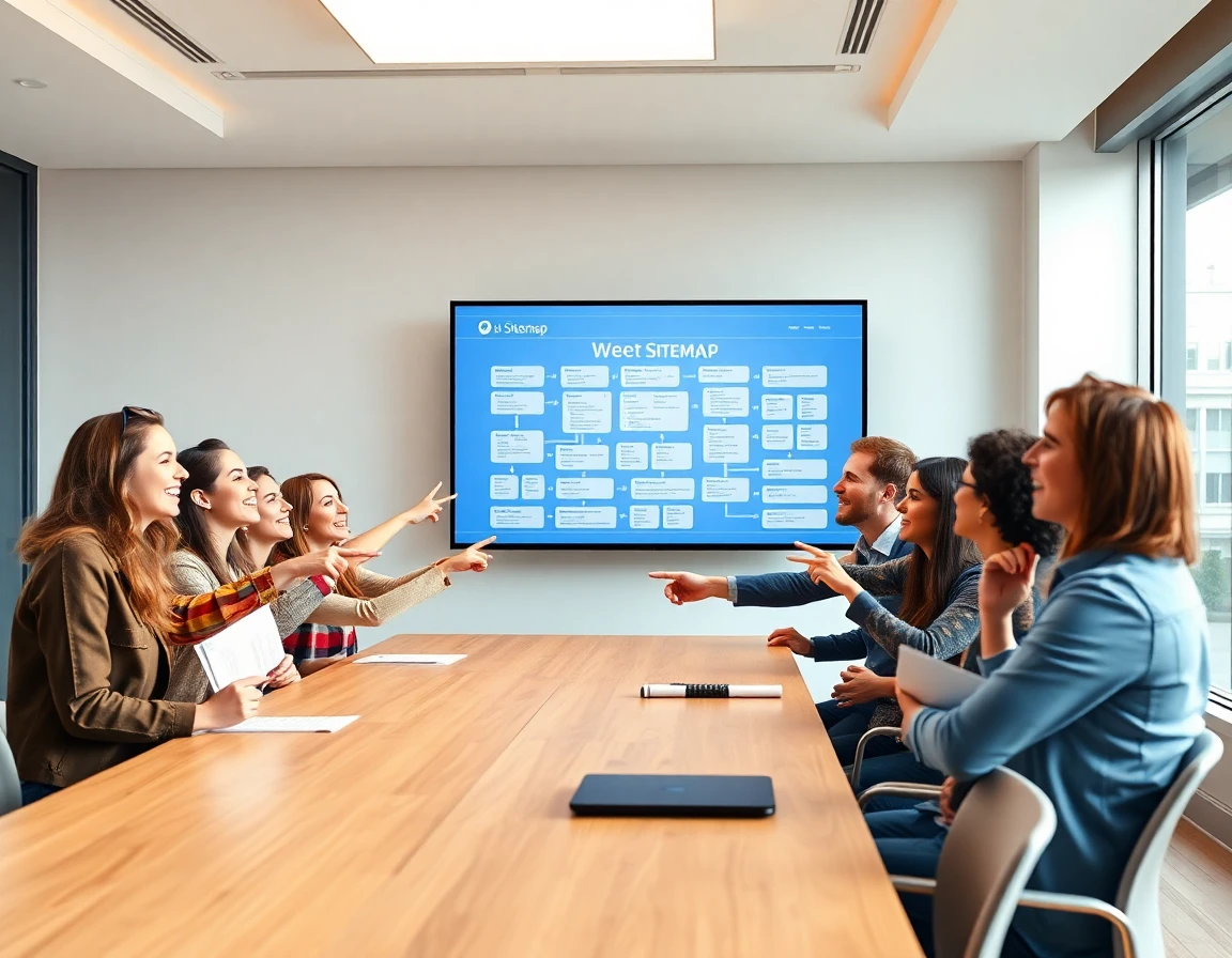 Team collaborating around conference table viewing website sitemap on monitor