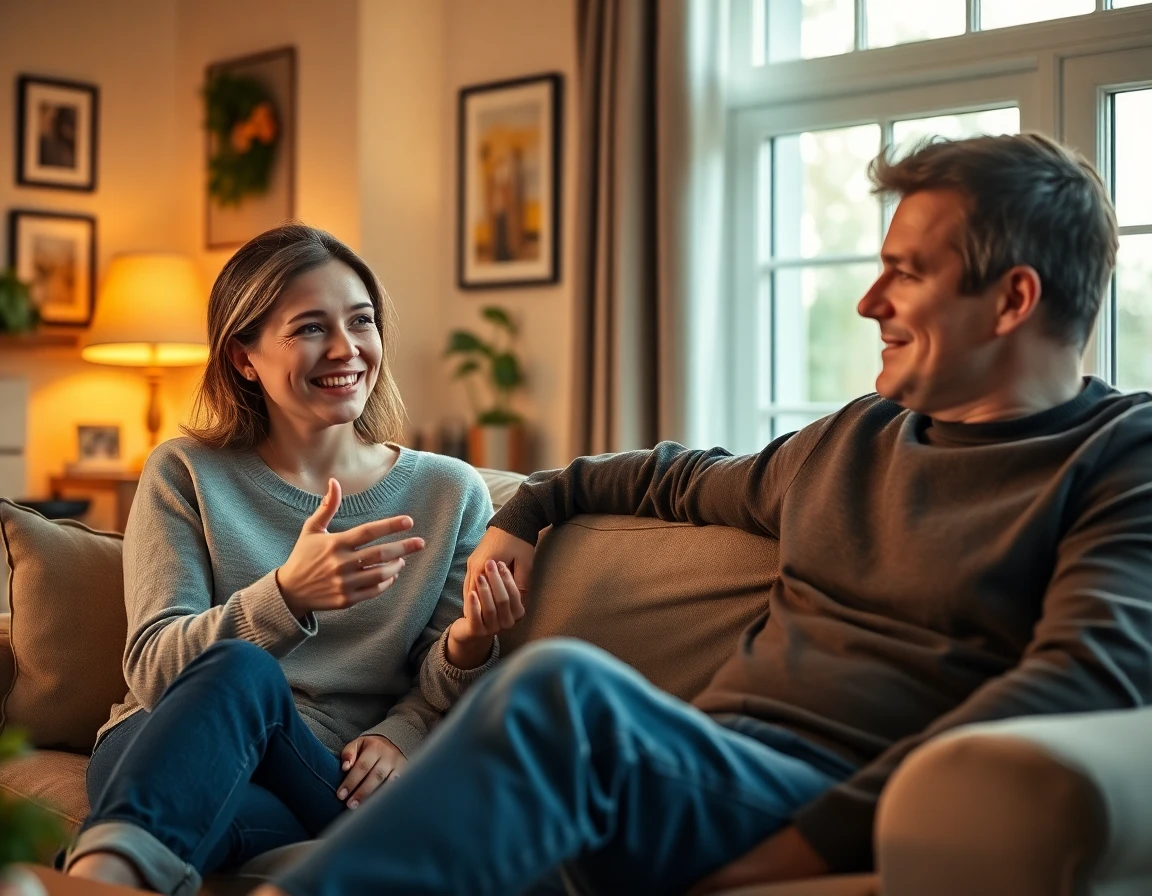 Young couple sharing heartfelt testimonial in cozy living room with warm lighting