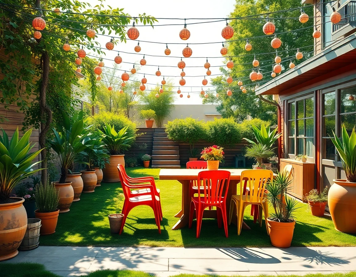 Outdoor patio with dining table, colorful chairs, and lush greenery in sunlight