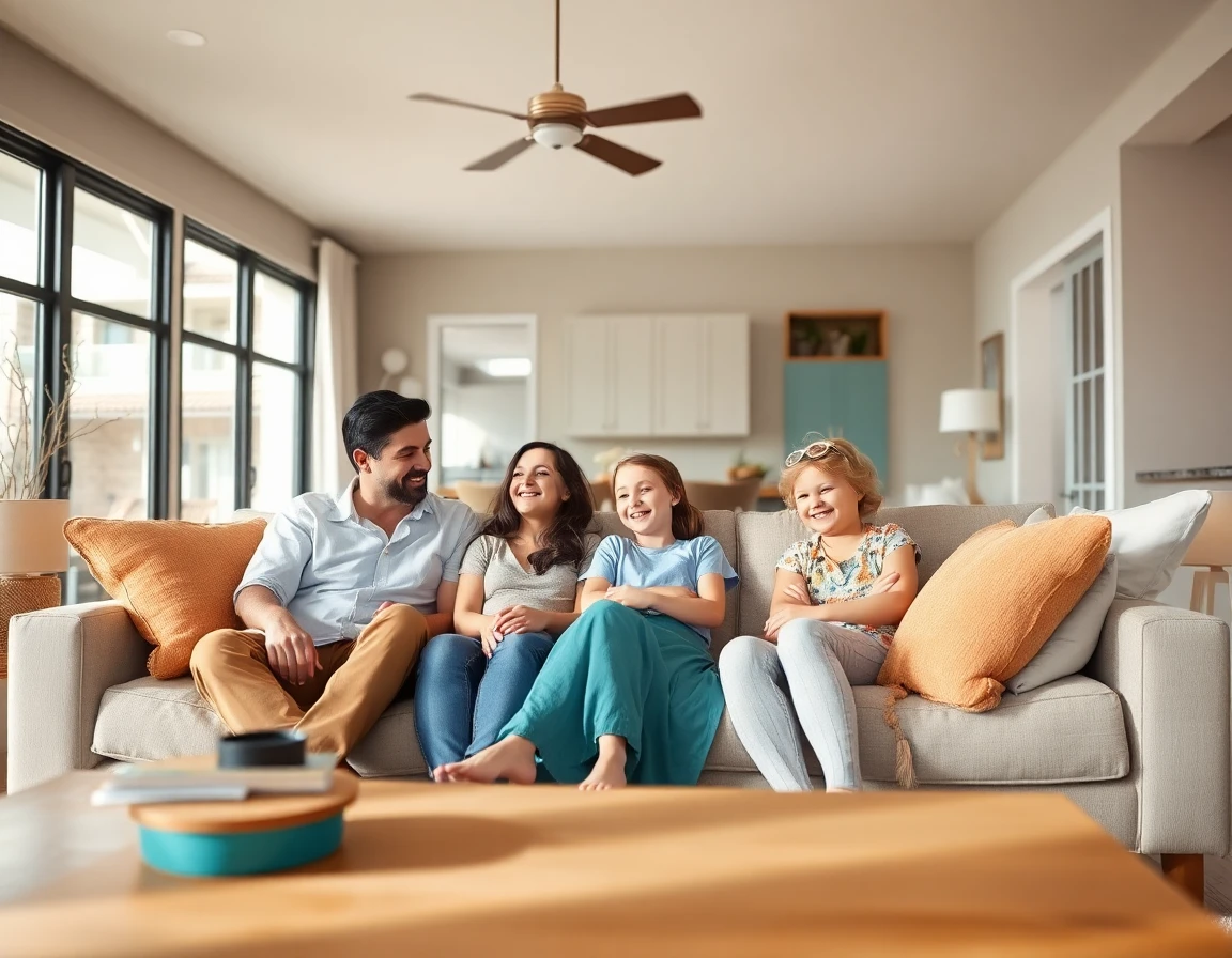Family relaxing in a bright, cozy Florida home living room with coastal decor
