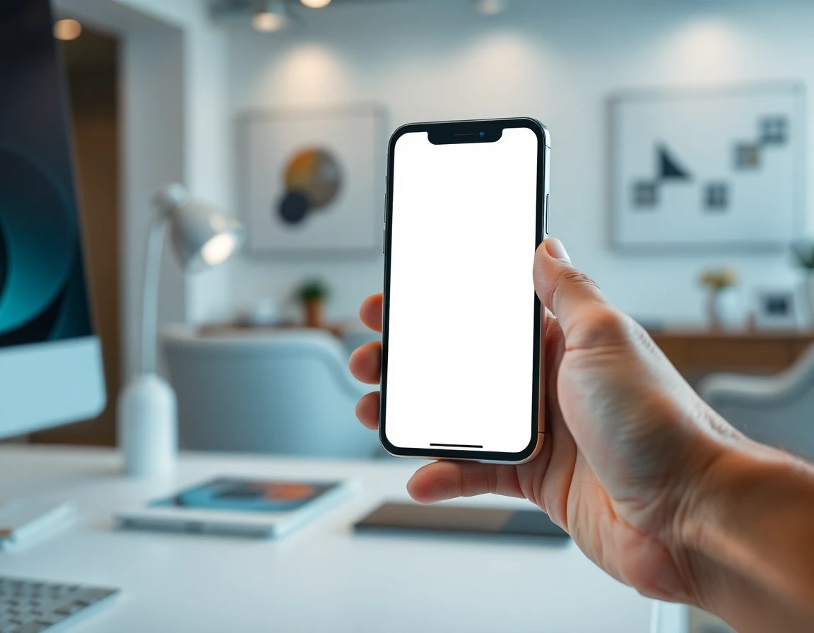 Close-up of smartphone displaying white-label app interface on modern desk