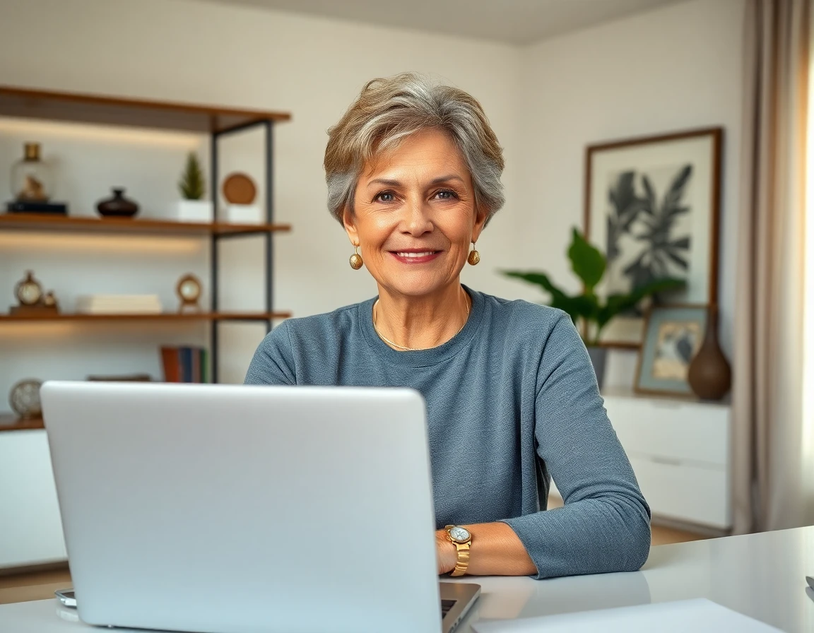 Confident woman in home office delivering testimonial with warm lighting and modern decor