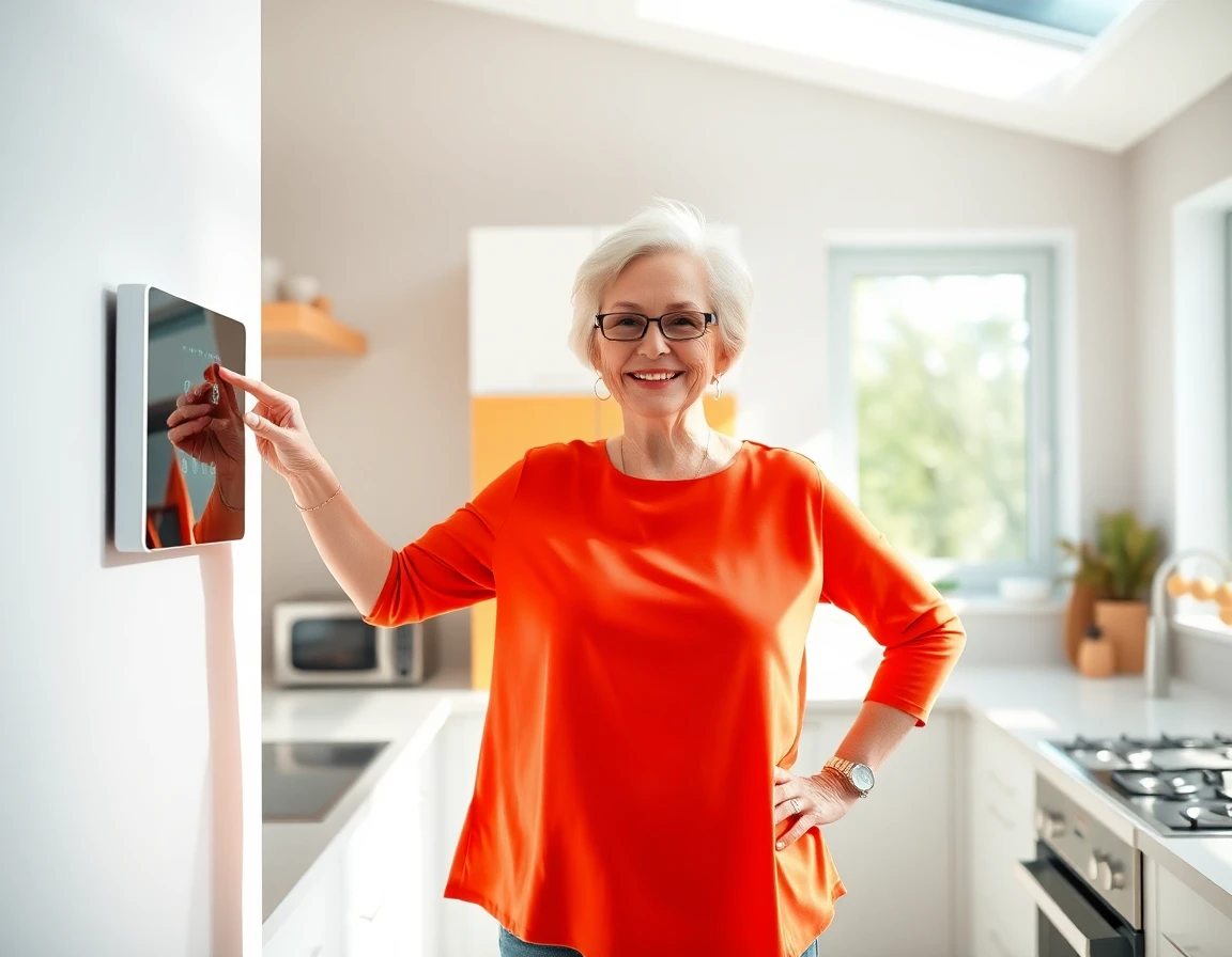 Senior woman interacting with smart home control panel in bright kitchen, confident and modern