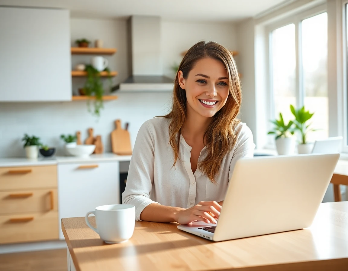 Young woman working on laptop in modern kitchen, bright and inviting atmosphere
