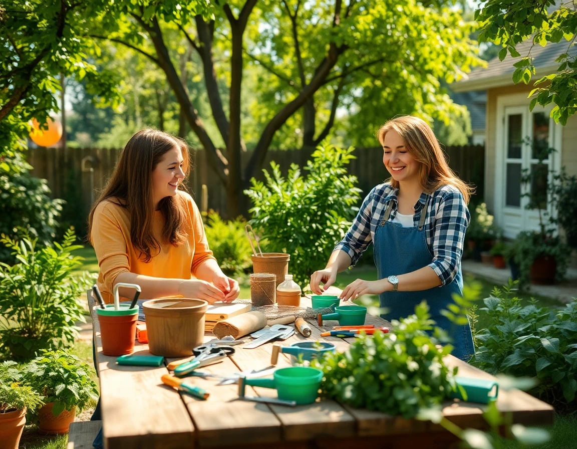 Joyful young couple working on DIY project in lush garden with natural sunlight