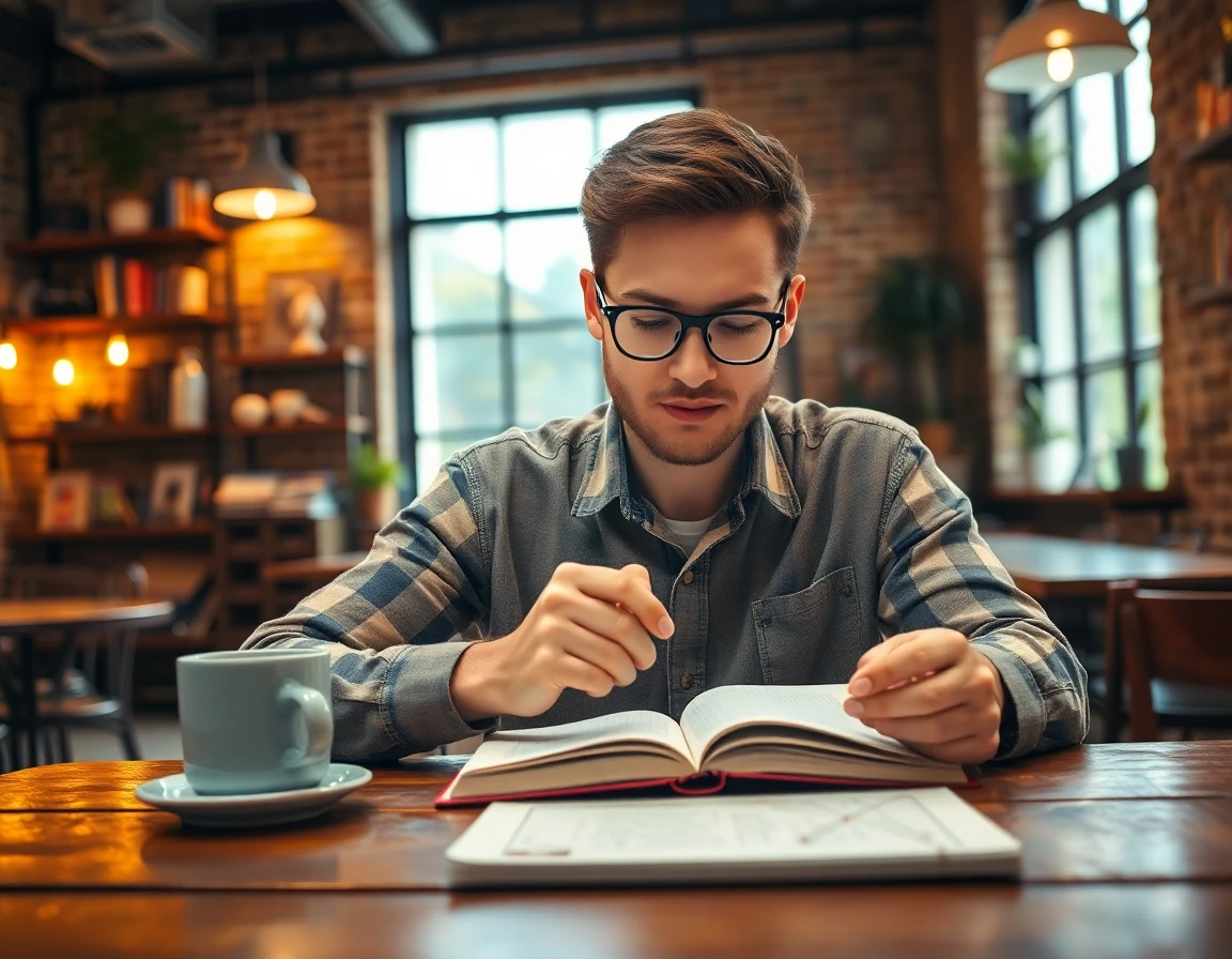 Young male author reading manuscript in cozy coffee shop with warm lighting and rustic decor