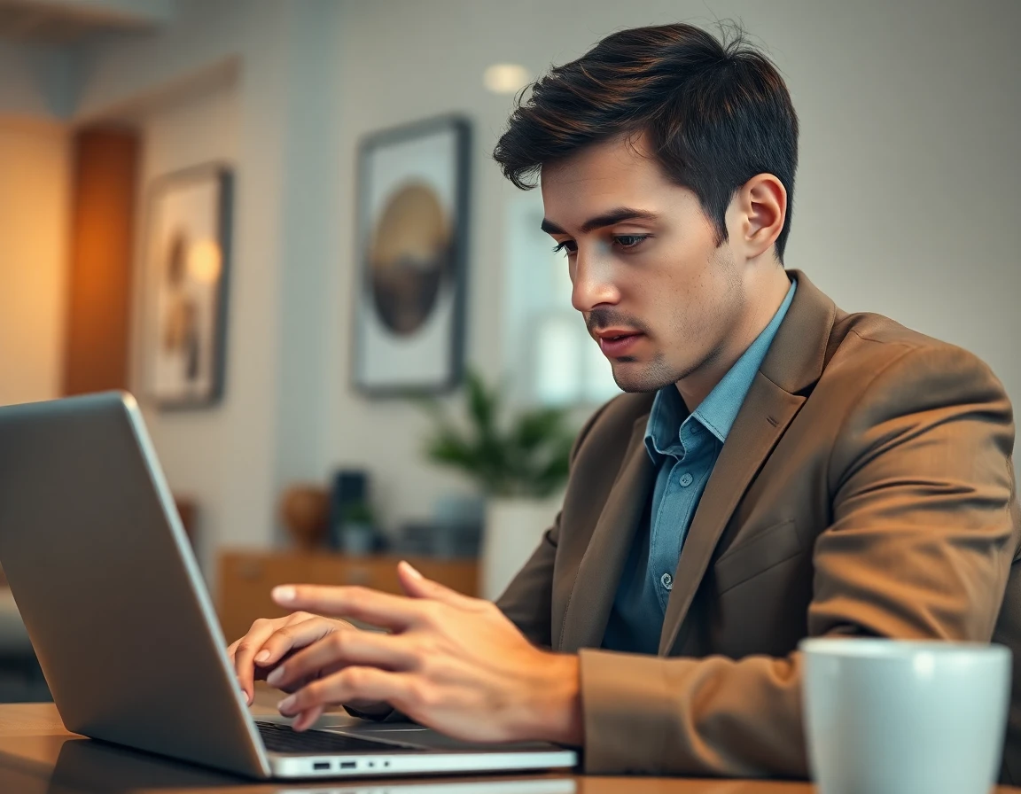 Young man reviewing digital home terms on laptop, professional modern interior, detailed and sharp