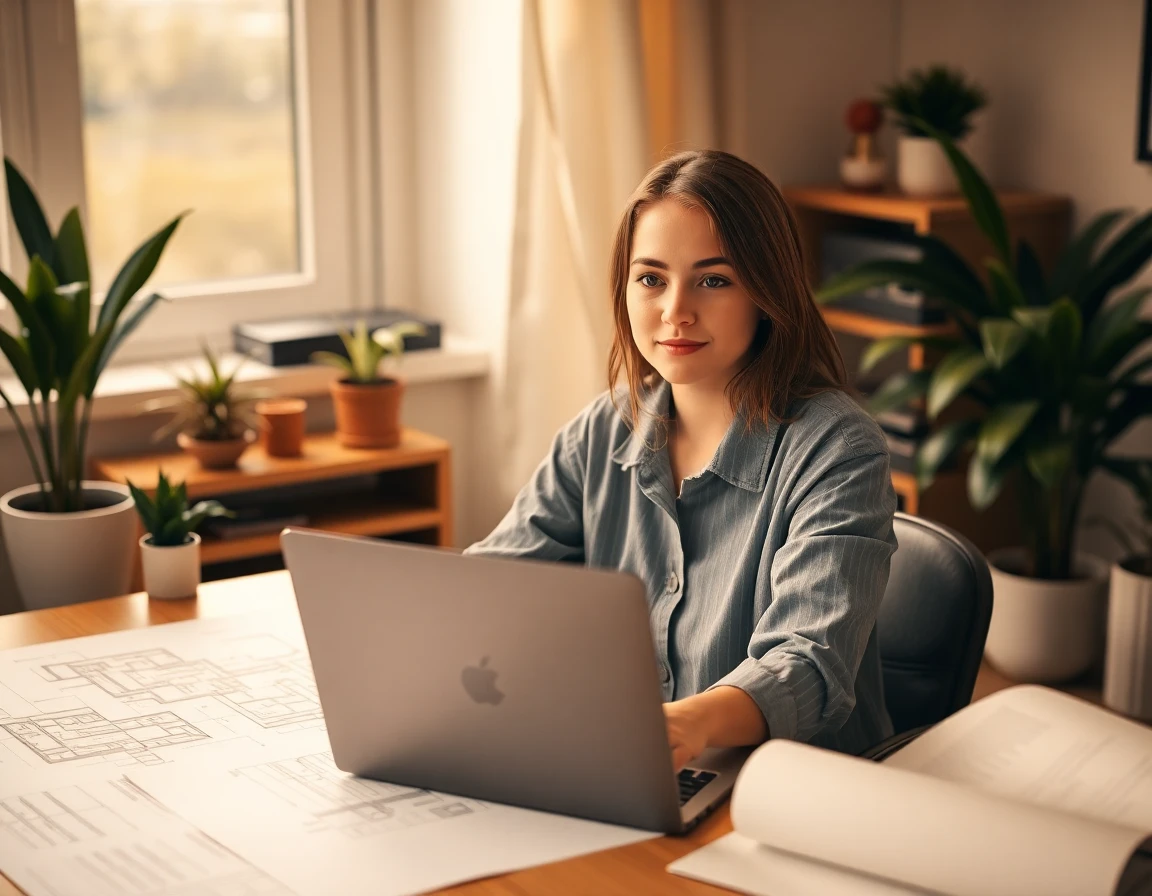 Focused young woman working at home office desk with blueprints and plants in warm lighting