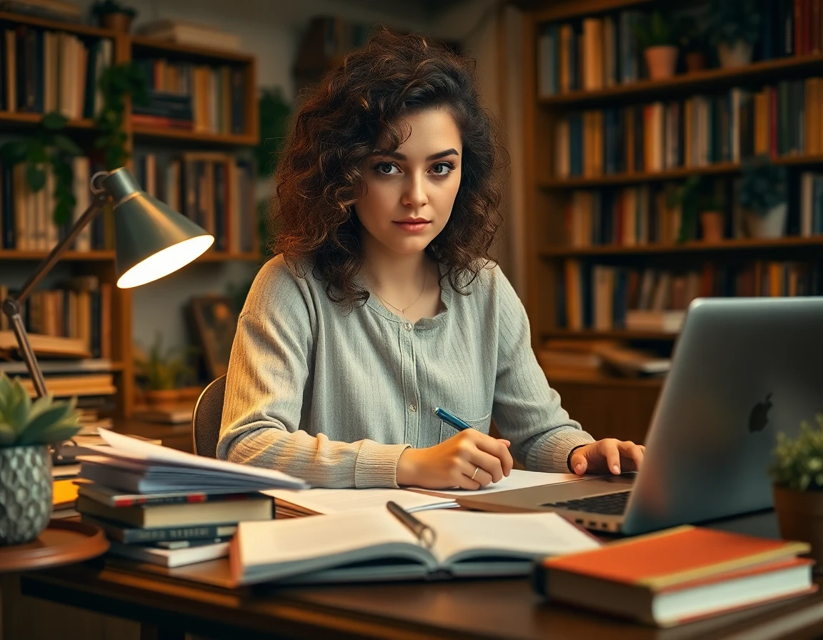 Young female writer working at vintage desk in cozy home library with warm lighting
