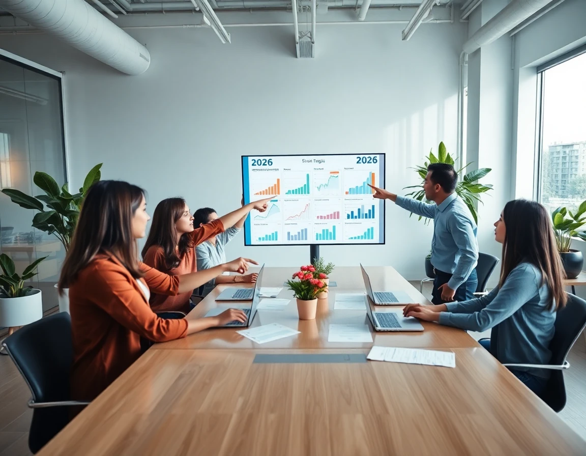 Team planning strategies with digital charts in bright modern workspace