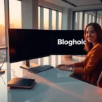 Professional female blogger in modern office with Bloghold logo, cinematic wide banner