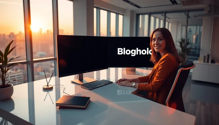Professional female blogger in modern office with Bloghold logo, cinematic wide banner