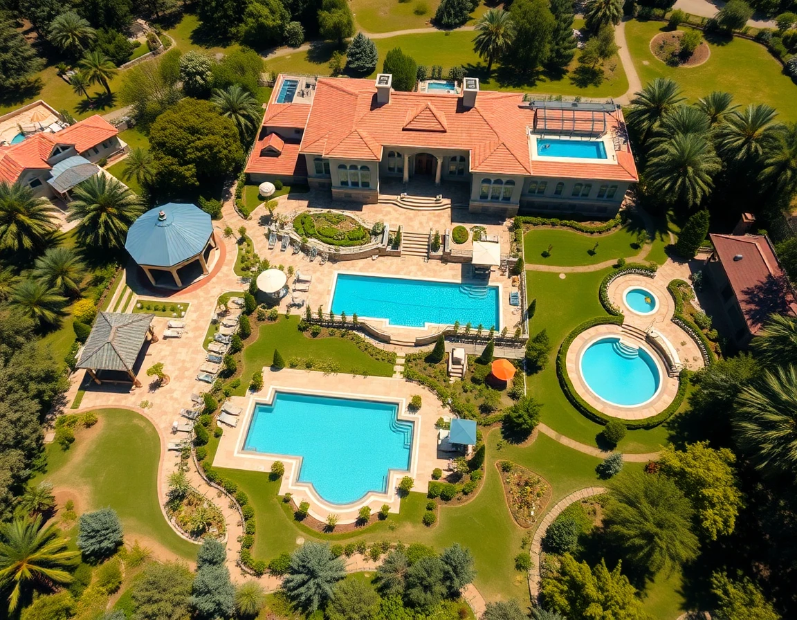 Aerial view of a large Bloxburg estate with outdoor pools, gardens, and diverse architecture, high detail