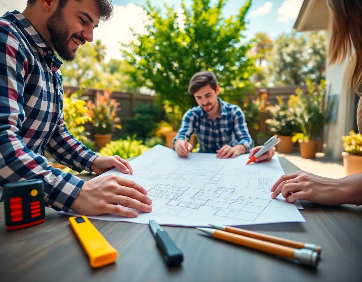Young couple planning Bloxburg house renovations outdoors with blueprints and lush garden background