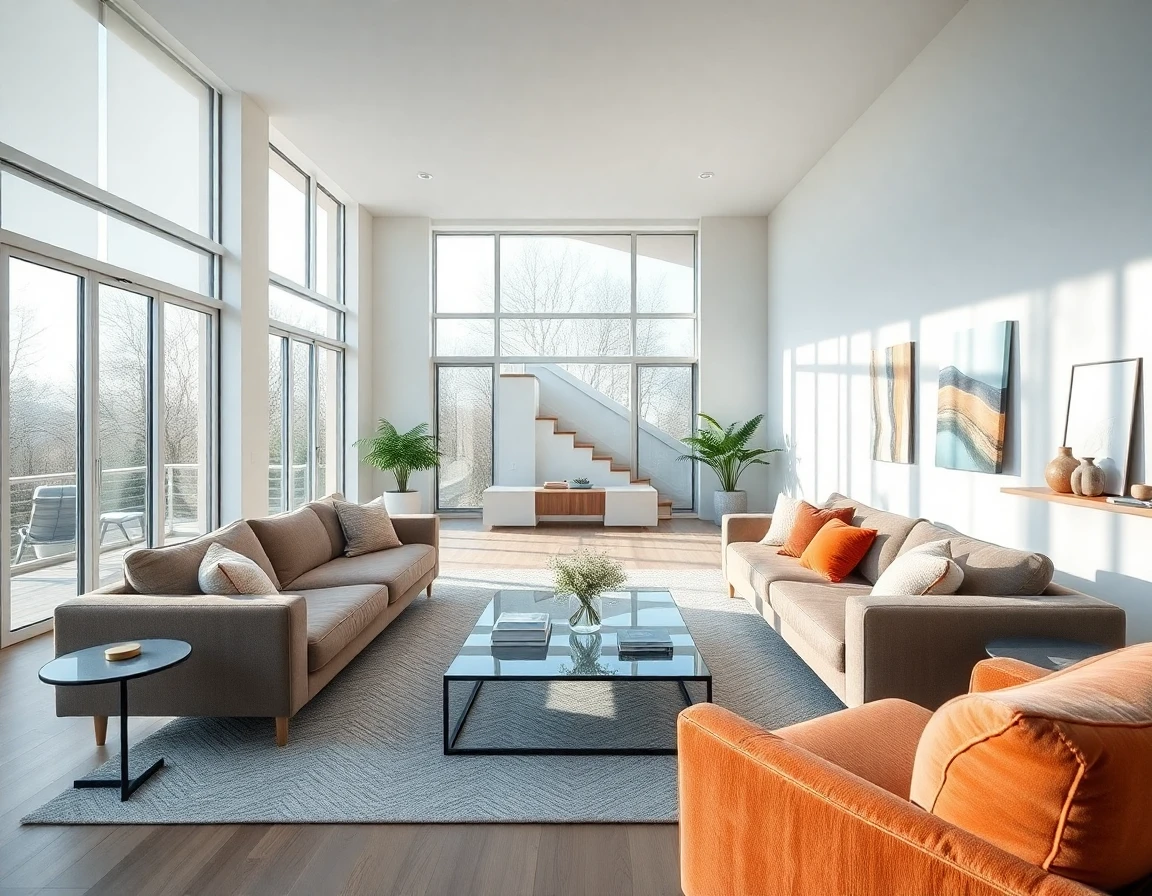 Modern Bloxburg living room with large windows, minimalist decor, and cozy atmosphere