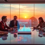 Futuristic digital interface with professionals discussing in modern office, vibrant holograms, sunset lighting