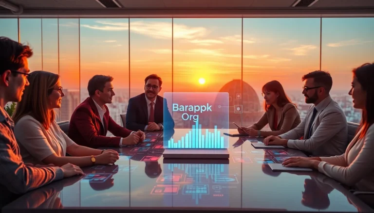 Futuristic digital interface with professionals discussing in modern office, vibrant holograms, sunset lighting