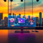 Futuristic digital hub interface at sunset with holographic movie icons and vibrant neon colors