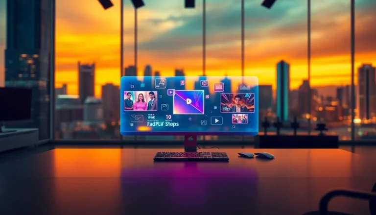 Futuristic digital hub interface at sunset with holographic movie icons and vibrant neon colors
