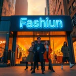 Urban fashion boutique storefront at sunset with models and neon signage