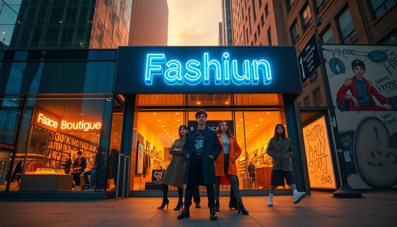 Urban fashion boutique storefront at sunset with models and neon signage
