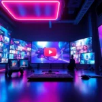Futuristic gaming montage with neon lights, holograms, and YouTube interface elements for channel branding