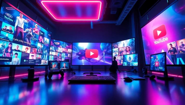 Futuristic gaming montage with neon lights, holograms, and YouTube interface elements for channel branding