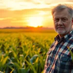 Cinematic wide banner of a farmer inspecting a lush cornfield at golden hour with vibrant sky and farm background