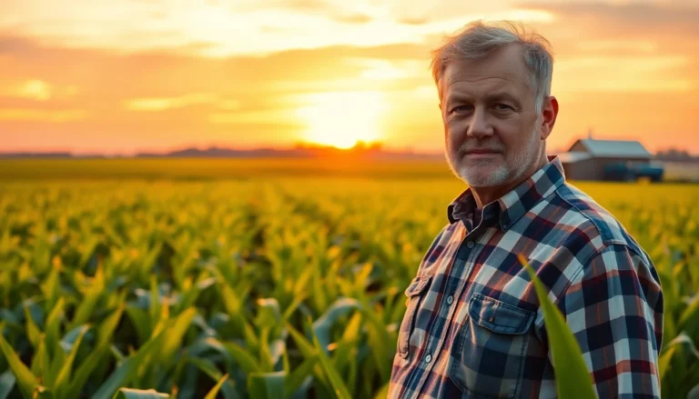 Cinematic wide banner of a farmer inspecting a lush cornfield at golden hour with vibrant sky and farm background