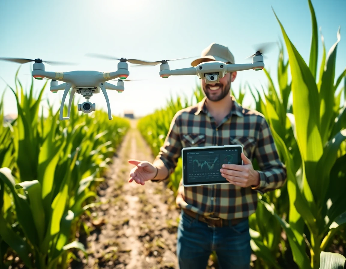 Farmer using drone technology over a healthy cornfield during midday with clear sky