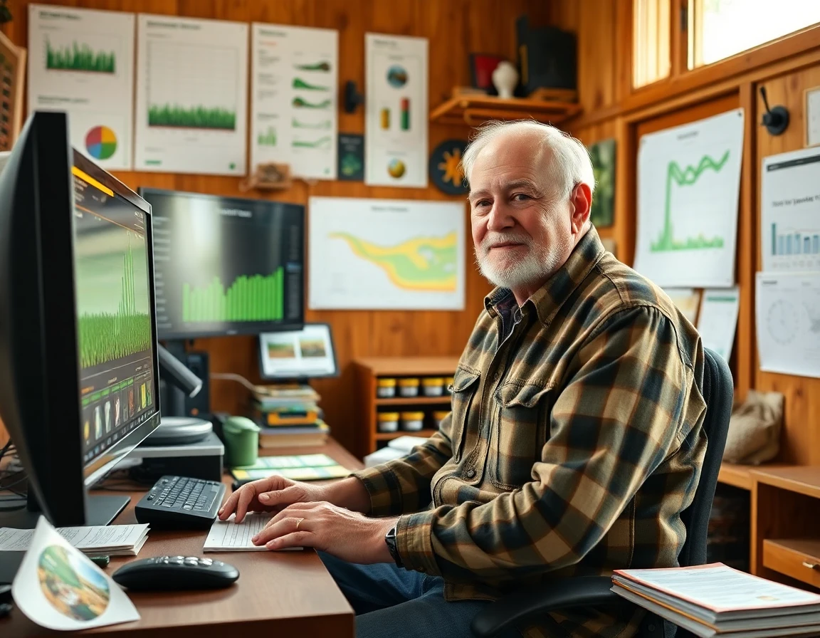 Experienced farmer reviewing crop data on a digital screen in a warm, modern office environment