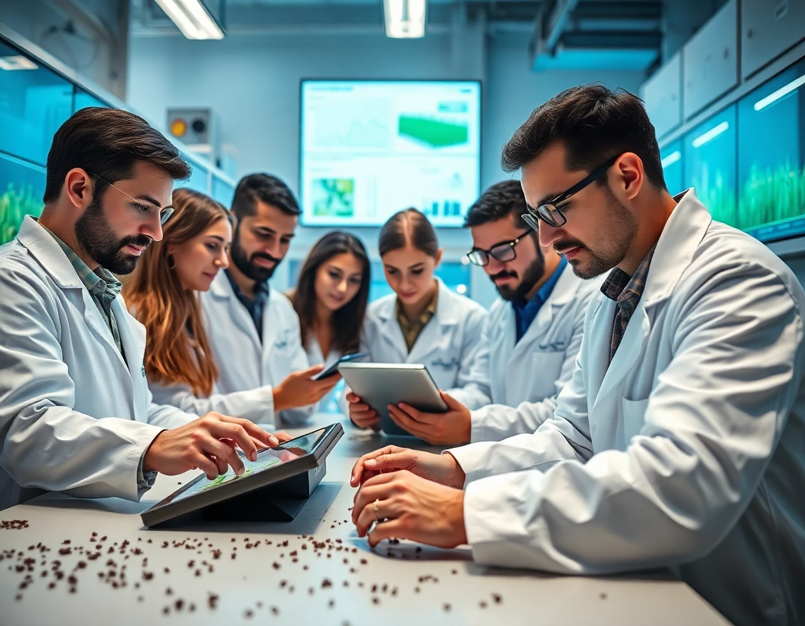Scientists analyzing crop data in a modern agricultural laboratory with digital equipment
