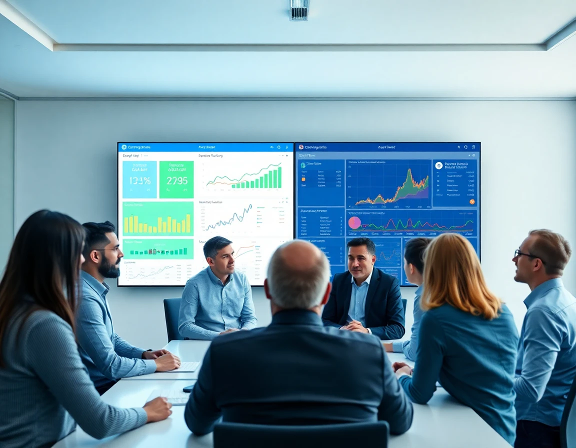 Comparison of crop management platforms on a digital display in a modern conference room